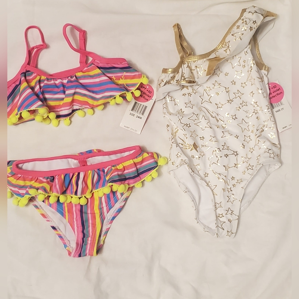 Girls' Colorful Stripe Bikini Set + White Gold Star One-Piece Swimsuit 2 Ite?s
